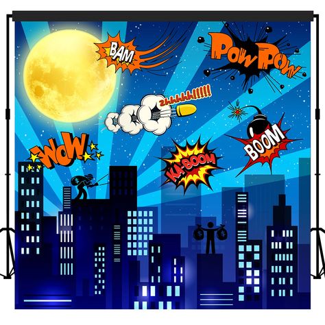 Cityscape photography backdrop. Made of vinyl. Durable seamless,reuse,not reflective. For festive occasions or children birthdays or wedding or photo studio photograhy or family party nights etc. Superhero comics cartoon building photo booth banner. It can be decorated with party reception or dessert tables. Length is Superhero Backdrop, Superhero City, Cartoon Building, City Backdrop, Scene Setters, Party Fotos, Kids Birthday Party Decoration, City Cartoon, Cityscape Photography