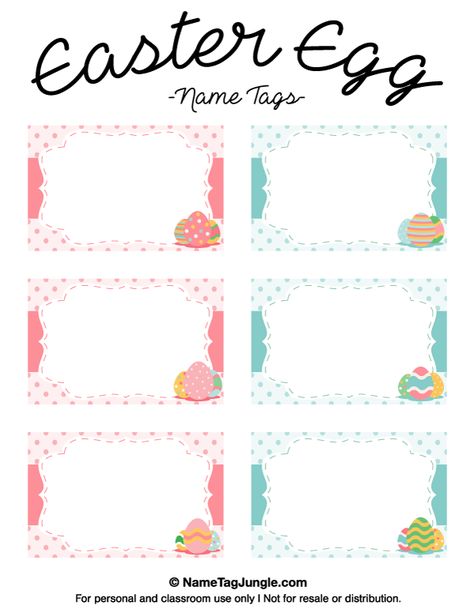 Free printable Easter egg name tags. The template can also be used for creating items like labels and place cards. Download the PDF at http://nametagjungle.com/name-tag/easter-egg/ Easter Name Tags Place Settings, Easter Tags Free Printable, Bus Tags, Easter Name Tags, Egg Names, Easter Place Cards, Cubby Tags, Name Tag Templates, Create Labels