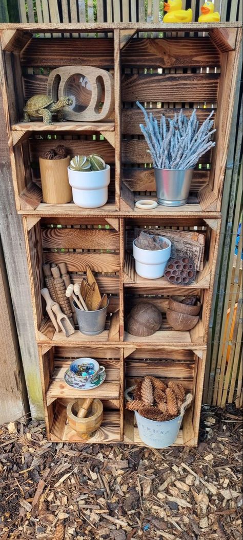 Natural Outside Play Spaces, Outdoor Cozy Corner Preschool, Outside Small World Area Eyfs, Nature Based Outdoor Play, Reggio Emilia Outside Outdoor Play, Natural Playground Diy Simple, Kindy Outdoor Play Spaces, Backyard Sensory Ideas, Loose Parts Play Outdoor Storage Ideas