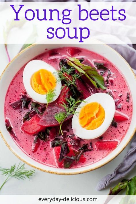 This is a delicious spring beet soup made with whole young beets, which means we’re using beets, their stems, and leaves. This soup is quick and easy, but very flavorful. It’s also a great way to use up all parts of a beet! Beet Leaf Recipes, Confit Byaldi, Beet Green Recipes, Beet Soup Recipes, Polish Soup, Greens Soup, Poland Aesthetic, Smoked Pork Ribs, Love Recipe