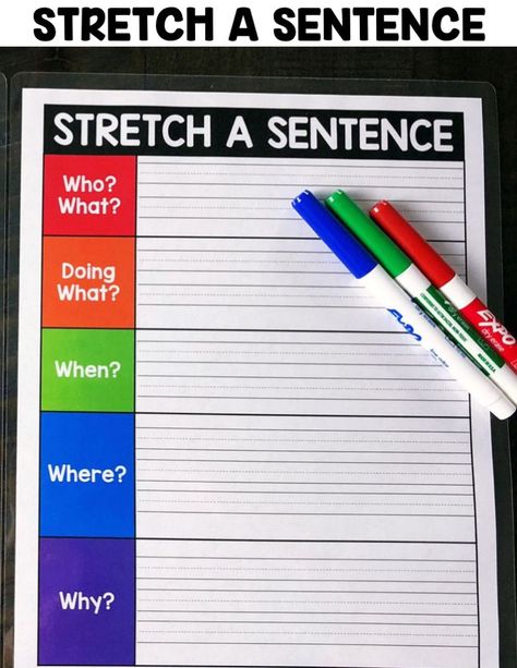 Students will grab a subject card and write a sentence about that subject using the "Stretch a Sentence" mat. Stretch A Sentence, Centers For 2nd Grade, November Centers, Expanding Sentences, Sentence Writing Activities, Writing Support, 2nd Grade Writing, 1st Grade Writing, First Grade Writing