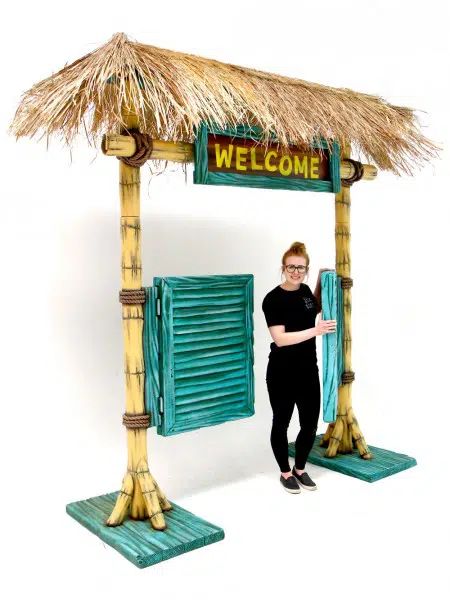 Tropical Caribbean Entranceway | Event Prop Hire Beach Party Theme, Event Entrance Design, Beach Props, Outdoor Tiki Bar, Mystery Island, Themed Party Ideas, Adventure Island, Hawaiian Party Theme, Event Entrance