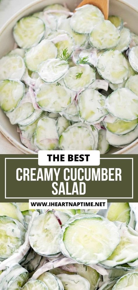 This creamy cucumber salad is easy to make for a summer salad or picnic side dish with sliced cucumbers, red onion and a sour cream dressing with fresh dill. English Cucumber Salad Recipe, Ranch Cucumber Salad, Dill Cucumber Salad, Cucumbers And Sour Cream, Sour Cream Cucumber Salad, Cucumber Salad Vinegar Sour Cream, Creamy Cucumber Tomato Salad Sour Cream, Creamy Cucumber Salad With Mayonnaise And Sour Cream, Sourcream Dill Cucumber