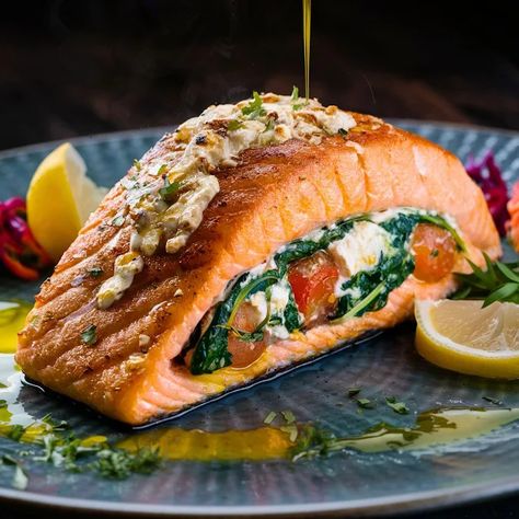 Feta, Spinach & Tomato Stuffed Salmon: A Mediterranean Delight Tomato Stuffed, Stuffed Salmon, Spinach Tomato, Salmon Steak, Fast Foods, Spinach And Feta, Fish Dishes, Healthy Meal Prep, Salmon Recipes