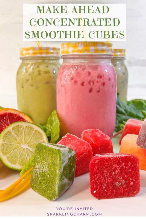 HEALTHY BREAKFAST ON THE GO! Make Ahead Smoothie Cubes are a great way to quickly make a morning smoothie. Simply toss them in the blender with a protein powder and a fave liquid, hit blend, pour, serve, and sip away. Or let them melt in a glass with a favorite liquid and stir. #concentratedsmoothiecubes #smoothies #Smoothiecubes #fastbreakfastonthego Smoothie Bites, Frozen Smoothie Recipes, Smoothie Bags, Smoothie Cubes, Frozen Smoothie Packs, Grape Smoothie, Make Ahead Smoothies, Protein Powder Smoothie, Tropical Smoothie Cafe