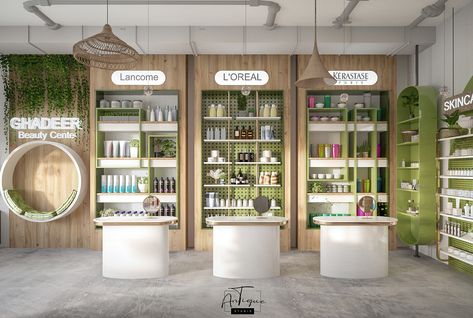 Beauty Salon on Behance Products Display Design, Salon Products Display Ideas, Beauty Product Display Ideas, Cosmetic Shop Interior Design Shelves, Beauty Center Salon Interior Design, Cosmetic Store Design Interiors, Small Cosmetic Shop Interior Design, Skincare Store Design, Pharmacy Design Ideas