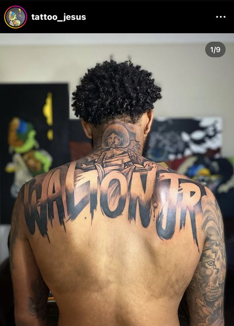 Back Tattoos For Guys Lettering, Portrait Chest Tattoo Men, Family Back Tattoos For Men, Last Name Tattoos For Men On Back, Chest Name Tattoo Men, Last Name Back Tattoos For Men, Full Stomach Tattoos Men, Lettering Back Tattoo, Lower Abdomen Tattoo Men