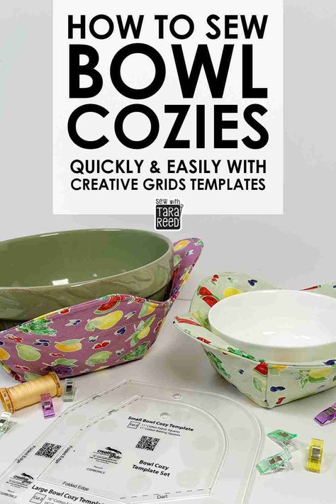 How to Sew a Microwave Bowl Cozy - ? Video Tutorial using templates from Creative Grids and fabric by Tara Reed for Riley Blake Designs. Bowl cozies are a great sewing for beginners project, gifts to sew and things to sew and sell. A fun and easy sewing project that's perfect for beginners. Quilted Bowl Cozy Pattern Free, Bowl Cozy Tutorial, Sewing Ideas To Sell, Quilted Bowl Cozy, Easy Sewing Projects To Sell, Things To Sew And Sell, Bowl Cozy Pattern Free, Fabric Crafts To Sell, Easy Fabric Crafts