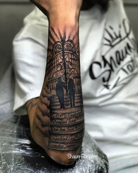 Stairway to Heaven Tattoo Heaven Forearm Tattoo, Going To Heaven Tattoo, Walking Into Heaven Tattoo, Man Walking Tattoo, Stair Case Tattoos, Path To Heaven Tattoo, Psalm Tattoo Ideas, Walking To Heaven Tattoo, If Tears Could Build A Stairway Tattoo