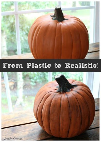 Image How To Age Plastic Pumpkins, How To Make A Fake Pumpkin Look Real, How To Carve Fake Pumpkins, Fake Pumpkins Outside, Paint Fake Pumpkins, Plastic Pumpkin Decorating Ideas, Fake Pumpkin Decorating Ideas, Plastic Pumpkins Crafts, Diy Pumpkins