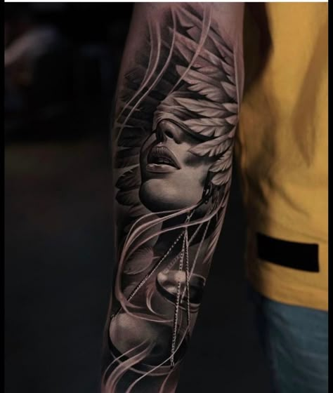 Justice Tattoo, Archangel Tattoo, Lion Tattoo Sleeves, Realistic Tattoo Sleeve, Muster Tattoos, Angel Tattoo Designs, Geniale Tattoos, Greek Tattoos, Leg Tattoos Women