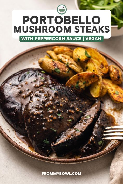 These Portobello Mushroom Steaks with Peppercorn Sauce are juicy and meaty, with a creamy black pepper sauce. The ultimate date night main! Vegan & Gluten-Free. Portobello Mushroom Steaks, Mushroom Steaks, Mushroom Steak, Vegan Creamer, Black Pepper Sauce, Vegan Steak, Vegan Potato Salads, Peppercorn Sauce, Vegan Worcestershire Sauce