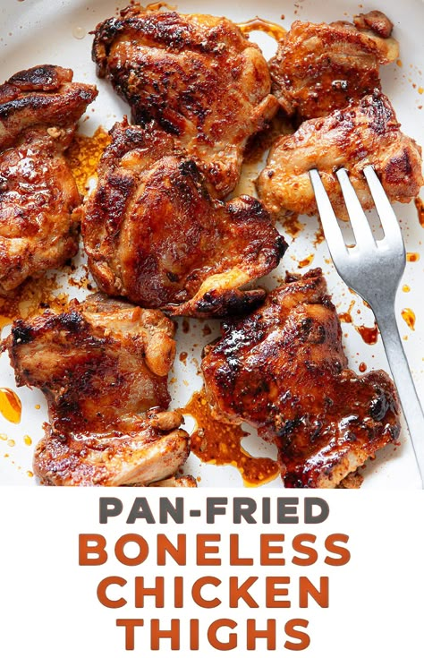 Juicy Pan-Fried Chicken Thighs Fried Chicken Thighs Boneless, Stove Top Chicken Thighs, Fried Chicken Thigh Recipes, Pan Fried Chicken Thighs, Pan Seared Chicken Thighs, Skillet Chicken Thighs, Fried Chicken Thighs, Chicken Thigh Seasoning, Cook Book Ideas