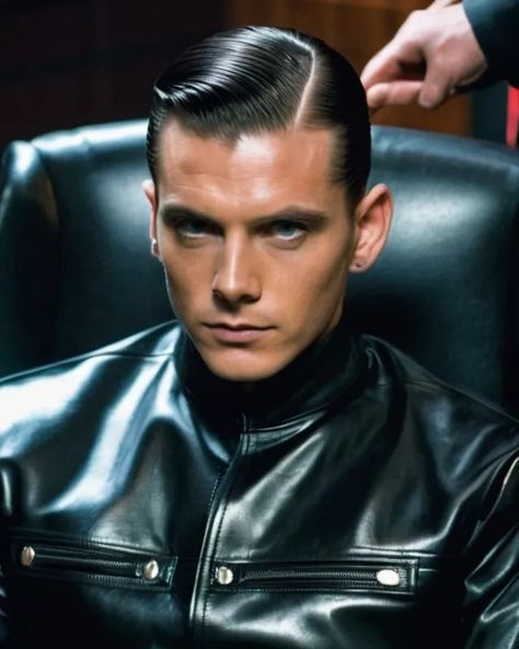 A gyy dressed in leather with a perfect slick back hair Slicked Back Male Hair, Curly Slick Back Hair Men, Mens Slicked Back Hair, Slick Back Hair Styles, Slick Back Hair Men, Perfect Slick Back, Slicked Back Hair Men, Mens Straight Hair, Random Hairstyles