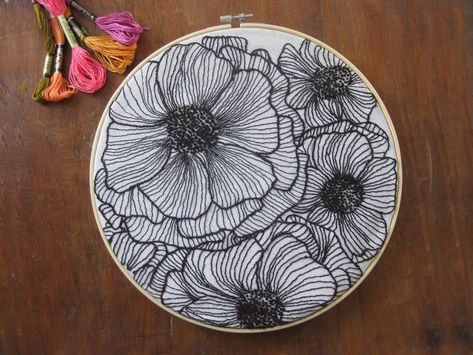 Embroidery Designs Black And White, Black And White Embroidery Design, Black Line Embroidery, Abstract Floral Embroidery, Black White Embroidery, Embroidery Patterns On Black Fabric, Black Floral Embroidery, White On Black Embroidery, Large Embroidery Wall Art