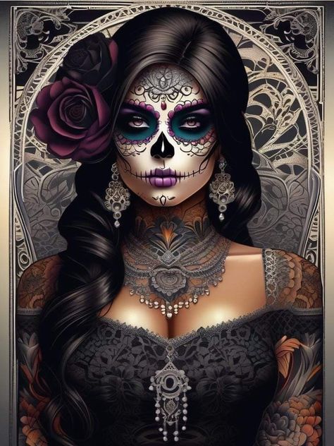 Mexican Sugar Skull Makeup, Mexican Skull Makeup, Halloween Fortune Teller, Sugarskull Facepainting, Sugar Skull Artwork Dark Art, Day Of The Dead Artwork, Day Of The Dead Girl Drawing, Sugar Skull Artwork, Mexican Sugar Skull