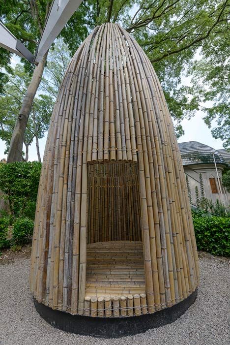 Bamboo hut | Wooden huts demonstrate regional building techniques at the Finnish Pavilion Bamboo Building, Wooden Hut, Bamboo House Design, Bamboo Structure, Bamboo Architecture, Bamboo Construction, Bamboo Decor, Bamboo Art, Bamboo House