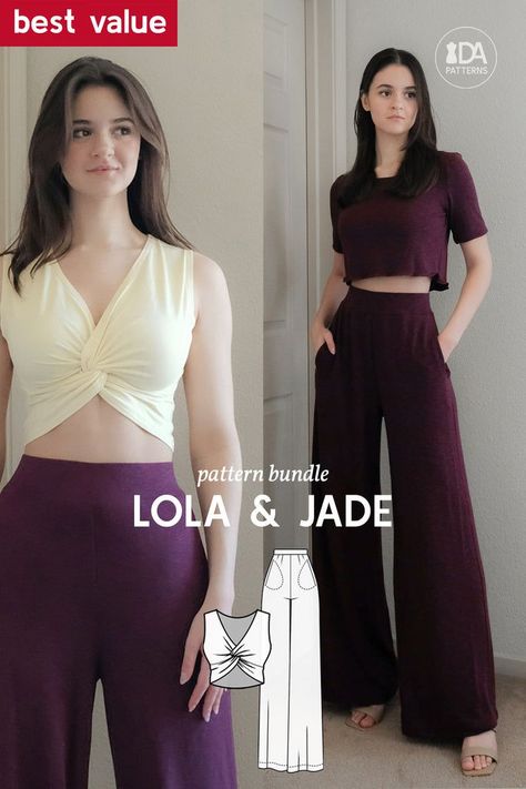 Lola & Jade Pattern Bundle Jade Pants Outfit, Wrap Top Sewing Pattern, Unique Sewing Patterns, Sewing Challenge, Knot Crop Top, Patterns For Sewing, Trendy Crop Tops, Pants Sewing, Knot Top