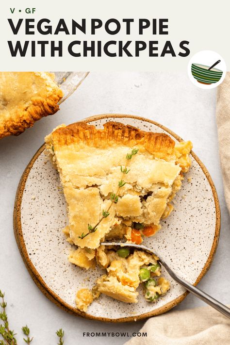 This Vegan Pot Pie combines a flaky pie crust, heart-healthy chickpeas, and a creamy vegetable and potato filling for a mouth-watering main dish everyone will go back for seconds of. Vegan, Gluten-Free, Oil-Free option. Chickpea Pot Pie, Vegan Pot Pie, Vegan Pot Pies, Vegan Pie Crust, Potato Filling, Healthy Slice, Vegan Pie, Flaky Pie Crust, Gluten Free Grains