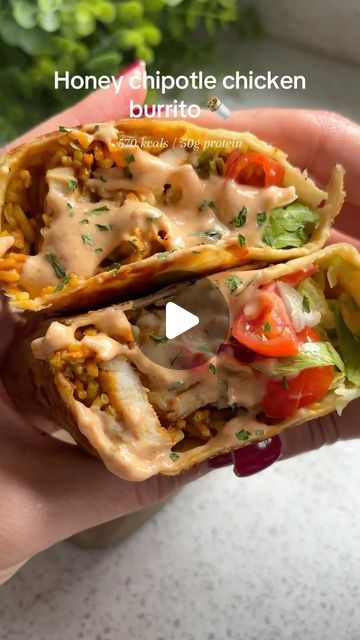 Christina Kynigos on Instagram: "Honey chipotle chicken burrito 🥵

Sticky honey chipotle chicken with Mexican rice, mozzarella, tortilla chips for a texture POP and a homemade chipotle mayo to make this banging high protein burrito 😮‍💨

Macros
570 calories
50gP / 10gF / 68gC
Serves: 1

Shopping list ✍️ 
- 135g cooked chicken slices
- 1 tsp chipotle paste 
- 1 tsp honey
- Squeeze of lime juice 
- 100g shop-bought Mexican rice 
- Lettuce, sliced 
- Red onion, finely diced
- Tomatoes, finely diced 
- 1 tortilla wrap
- 3 flavoured tortilla crisps 
Chipotle mayo 🥣: 2 tbsp light mayo, 1 tsp chipotle paste, 1 tsp honey, 2 heaped tbsp yogurt, squeeze of lime juice.

Method
Fry the chicken in the chipotle paste, honey & squeeze of lime juice for a few minutes. Mix the chipotle mayo ingredients High Protein Burrito, Pollo Chipotle, Protein Burrito, Homemade Chipotle Mayo, Tortilla Crisps, Chipotle Chicken Burrito, Honey Chipotle Chicken, Chipotle Paste, Homemade Chipotle