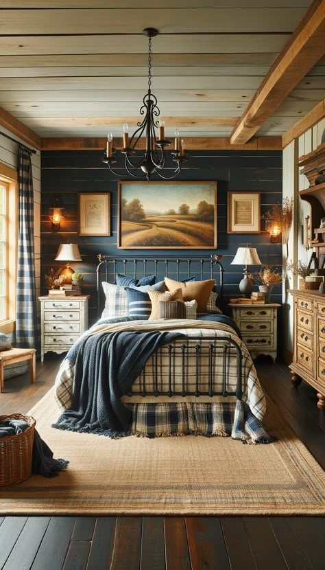 21 Navy Blue Bedroom Ideas to Transform Your Space: From Modern to Rustic 🌙✨ - Laugh Lore Navy Buffalo Check Bedroom, Cape Cod Room Ideas, Blue Plaid Bedroom Ideas, Navy Wood Bedroom, Blue Bedroom With Dark Wood Furniture, Blue Master Bedrooms Decor Farmhouse, Brown Navy Bedroom, Colonial Blue Bedroom, New England Bedroom Aesthetic