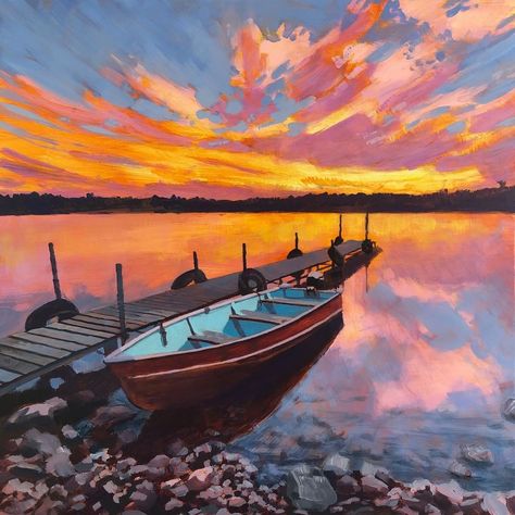 ... New England Landscape, England Landscape, Colorful Landscape Paintings, Lake Art, Boat Painting, Lake Sunset, Ocean Sunset, Best Fishing, Water Painting