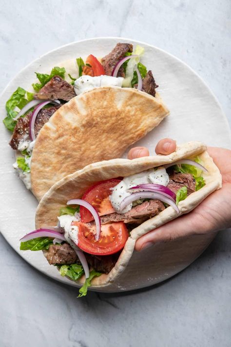 Steak Gyros {Easy Homemade Recipe} Steak Gyros - FeelGoodFoodie Steak Gyros, Beef Gyro, Gyro Recipe, Homemade Tzatziki Sauce, Homemade Tzatziki, Sandwich Wraps, Sliced Steak, Marinated Beef, Marinated Steak