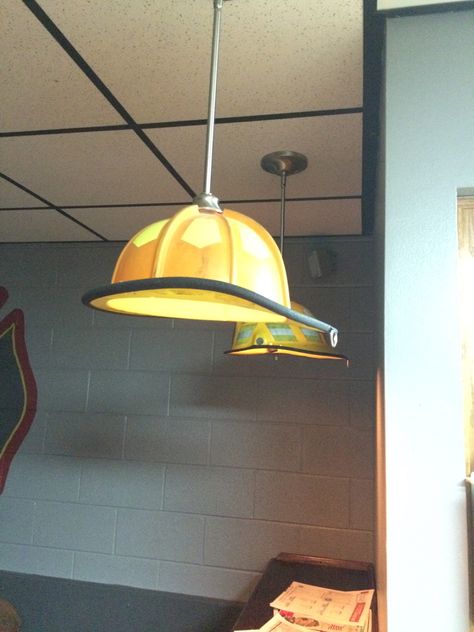 Lamp shade with a old fire department helmet Fire Hose Crafts, Fire Dept Decor, Fire Department Decor, Fireman Decor, Firefighter Room, Firefighter Crafts, Firefighter Home Decor, Fire Gear, Firefighter Gear