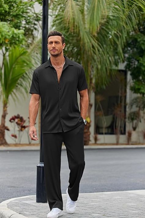 COOFANDY Men's 2 Piece Outfit Casual Short Sleeve Button Down Shirt Beach Summer Loose Pant Sets Short And Shirt Outfit Men, Men Two Piece Outfit, Loose Pants Outfit Men, Outfits Hombre Elegante Casual, Button Up Shirt Men Outfits, Black Style Men, Outfit Casual Short, Black Pants Outfit Men, Shape Aesthetic