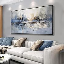 Frame For Bedroom Wall Art, Wall Decor Grey Living Room, Large Painting Over Fireplace, Big Living Room Wall Art, Wall Art Apartment Living Room, Art For Over The Couch, Transitional Style Artwork, Black White Tan Blue Living Room, Blue Bedroom Art