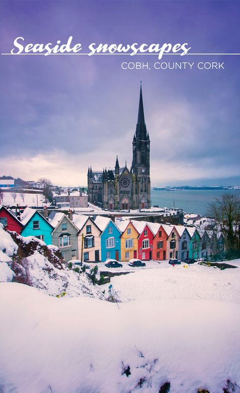 Cobh must be one of the most photographed villages in Ireland! This sloped line of colourful houses looks all the more vibrant after a fresh snowfall. Although it doesn’t snow in Ireland often, when it does, the results speak for themselves! What a beautiful seaside haven along Ireland’s Ancient East... Colorful Homes, Ireland Hotels, Ireland Fashion, Dublin Ireland Travel, County Cork Ireland, Ireland Photography, Castles In Ireland, County Cork, Ireland Landscape