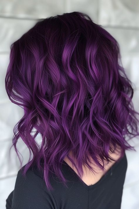 Midnight Purple Hair, Purple Hair Ideas, Purple Black Hair, Bright Purple Hair, Red Violet Hair, Balayage Long Hair, Midnight Purple, Purple Ombre Hair, Dark Purple Hair