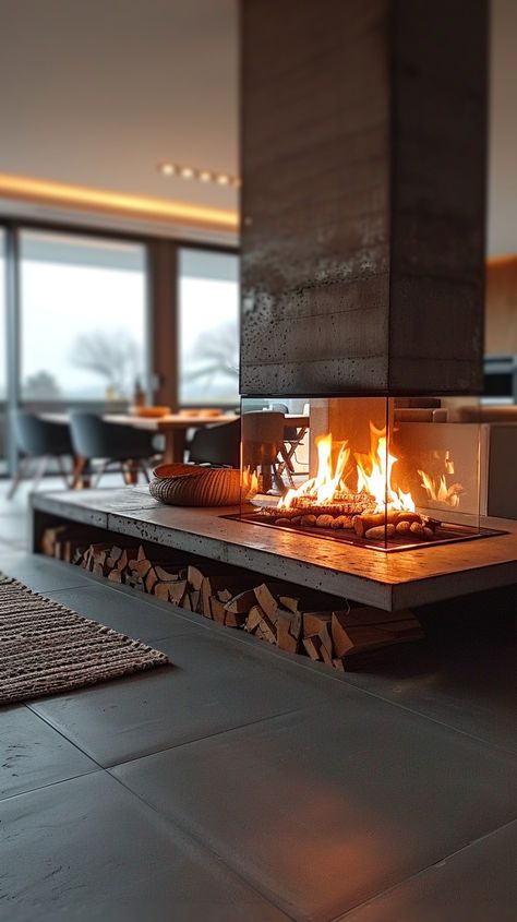 Download 'Cozy Indoor Fireplace' - A modern living space featuring a warm, inviting fireplace with neatly stacked wood underneath. - Get this free stock photo and more high-quality images on StockCake. No attribution required. Indoor Gas Fireplace Modern, Fireplace In The Center Of The Room, Mid Room Fireplace, Modern Open Fireplace Ideas, Fireplace Dual Side, Fireplace In The Middle Of Living Room, Living Room With Central Fireplace, Fireplace Luxury Modern, 2 Sided Fireplace Living Room Modern