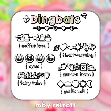 𖠗 : 🗯️ ꒰ Dingbats Pack mby reizoft ! ʚ Do not repost and claim as yours 🍶 ⸝⸝ ꉂ give a follow >< ָ࣪ ꒷◗ Dingbats Fonts, Dingbat Fonts, Font Guide, Different Font Styles, Coffee Icon, Create Quotes, Cartoon Font, Font Packs, Popular Fonts