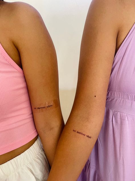 minimalist friendship tattoo Bestfrnd Tattoo, Matching Tattoos For Best Friends Minimalist, Cute Dainty Tattoos Best Friends, Bff Quote Tattoos, Small Dainty Tattoos Matching, Friendship Meaning Tattoos, Matching Tatoos Minimaliste Friends, Cute Simple Friend Tattoos, Cute Aesthetic Matching Tattoos