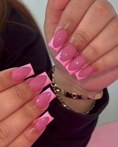 Colored Frenchies Nails, Short Acrylic Nails Ideas Square, Pink Girly Nails Short, Pink Acrylics With Design, Pink On Pink French Nails Short, Pink Nail Sets Short, Mother Day Nail Ideas, Cute Short Acrylic Nails Square Pink, Short Pink Nail Inspo Acrylic