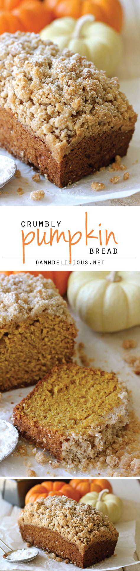 Crumbly Pumpkin Bread - With lightened-up options, this can be eaten guilt-free! And the crumb topping is out of this world amazing! Fall Munchies, Fall Foods, Pastry Flour, Crumb Topping, Pumpkin Dessert, Yummy Sweets, Pumpkin Bread, Yummy Foods, Guilt Free