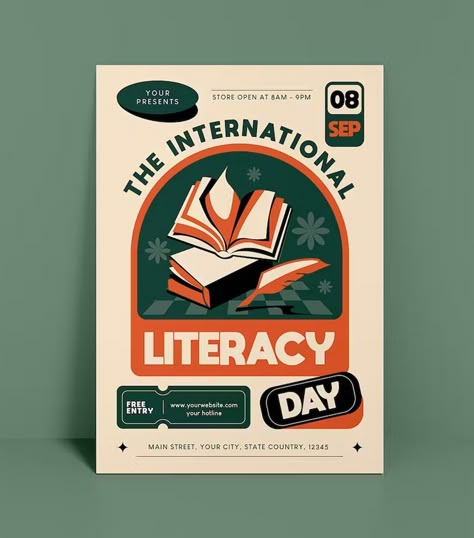 International Literacy Day Flyer Template AI, EPS, PSD Pubmats Graphic Design, Montessori Projects, International Literacy Day, Conference Poster, Literacy Day, Interior Design Resources, Nose Drawing, Flyer Design Inspiration, Event Poster Design