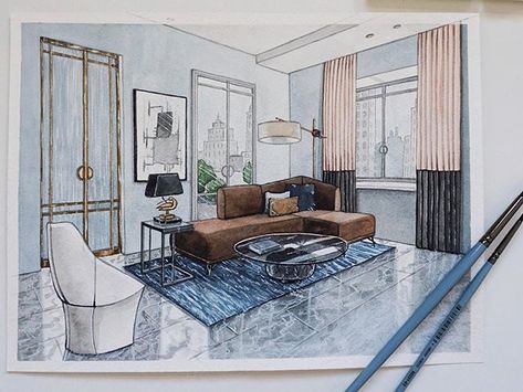 Design and watercolor sketch of the living room by @atomorfen Coffee table and the armchair by Christophe Pillet. Sofa from Ditre Italia.… Interior Design Sketchbook, Furniture Design Sketches, Perspective Drawing Architecture, Interior Design Renderings, Interior Architecture Drawing, Round Wood Dining Table, Interior Design Drawings, Interior Design Sketches, Interior Sketch