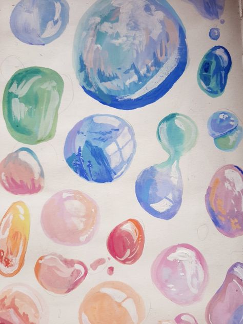 gouache bubbles in sketchbook Bubble Painting Watercolor, Watercolor Art Bubble, Bubble Drawing Reference, Bubble Colored Pencil, Bubble Oil Pastel, Gouache Bubbles, How To Paint Bubbles Watercolor, Color Pencil Bubbles, Bubble Watercolor Painting