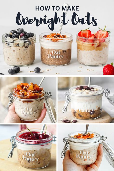 A collage of overnight oats images. Cold Porridge Overnight Oats, Porridge Oats Recipes, Overnight Oats With Oat Milk, Easy Porridge Recipes, What Are Overnight Oats, Porridge Ideas, Gluten Free Pudding, Overnight Porridge, Oat Porridge