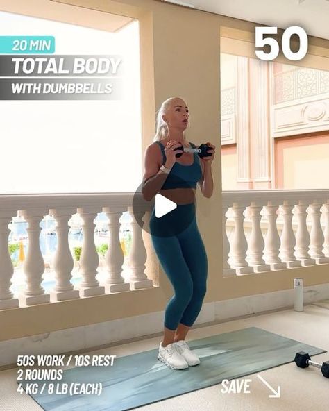 Viktorija Krisjansone on Instagram: "20 Min Total Body with Dumbbells Workout at Home. 
 
✅ Do each exercise 50 Sec. Take 10 Sec breaks in between exercises. Take 1 min break in between rounds. 
 
🔁 Repeat this workout 2X. 
 
🟣 I’m using 4KG / 8LB dumbbells (Each) 
 
Share your love by leaving a like or comment. ❤" Full Body Workout With Weights, Intense Full Body Workout, Dumbbells Workout, 20 Min Workout, Dumbbell Workout At Home, Body Fitness, Dumbbell Workout, Break In, Total Body