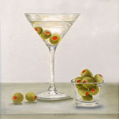 Olive Martini Aesthetic, Martini Oil Painting, Bar Art Painting, Martini Artwork, Martini Glass Painting, Martini Glass Art, Kitchen Painting Art, Drinking Painting, Martini Painting