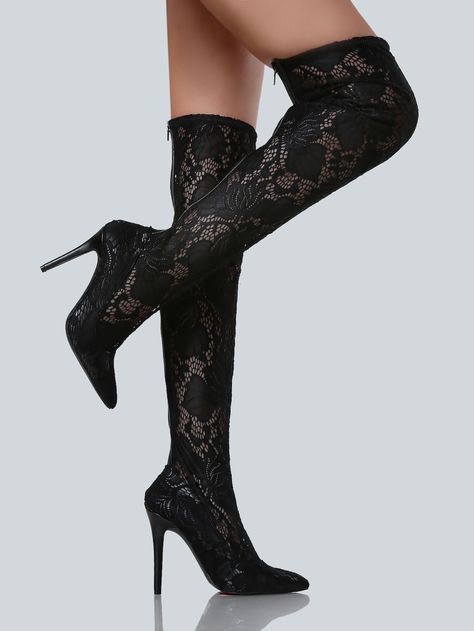 Lace Thigh High Boots, Black Lace Heels, Thigh High Heels, Womens High Boots, Nylon Leggings, Lace Heels, Black Heel Boots, Black High Heels, High Heels Stilettos