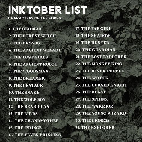 Hey everyone, this is an INKtober list by DropTheDrawing on Tumblr. I don't own this, but it's also a good list of charcters for fantasy writing, and drawing them really helps you visualise your characters. Inktober List, Comics Sketch, Sketchbook Prompts, 30 Day Art Challenge, 30 Day Drawing Challenge, Drawing Ideas List, Creative Drawing Prompts, Drawing Prompt, What To Draw