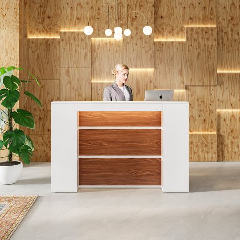 Ebern Designs Chaunice Rectangle Wood Reception Desk & Reviews - Wayfair Canada Traditional Reception Desk, Front Desk Counter, Desk With Led Lights, Wood Reception Desk, Modern Reception Desk, Reception Desk Design, Counter Desk, Room Store, Modern Computer Desk