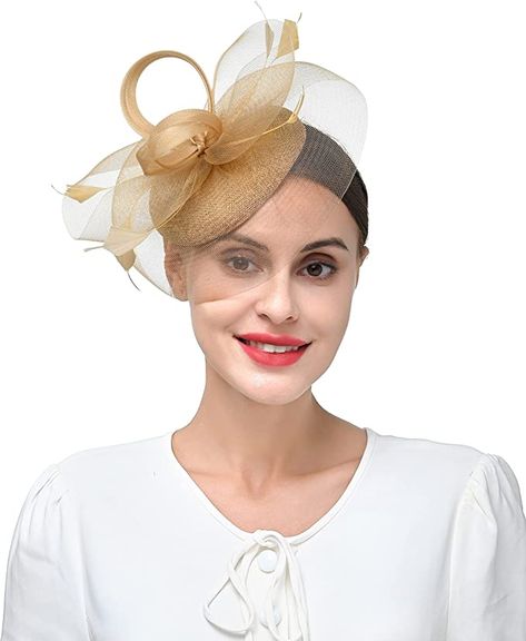 Zivyes Gold Fascinators for Women Kentucky Derby Hats High Tea Pillbox Hat Feather Mesh Headband at Amazon Women’s Clothing store Wedding Guest Hats, Bridal Ornaments, Kentucky Derby Wedding, Mesh Headband, Flower Hair Accessories Wedding, Kentucky Derby Fascinator, Veiled Hats, Derby Fascinator, Feather Hair Clips