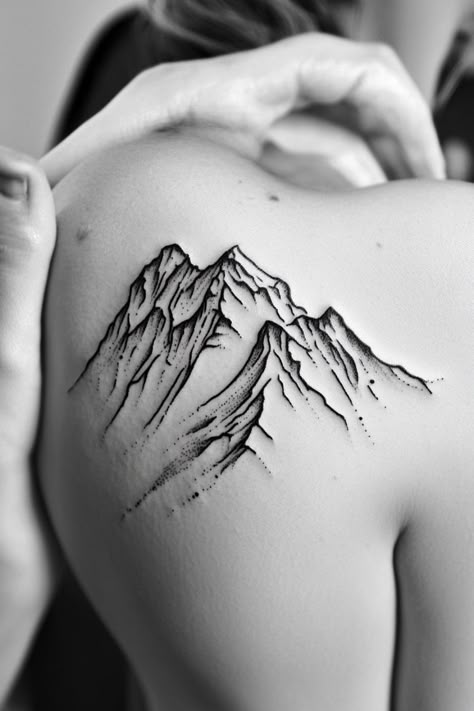 Mountain tattoo on a person's shoulder blade. Mount Whitney Tattoo, Red Rock Tattoo, Snowy Mountain Tattoo, West Coast Tattoo Ideas, Smokey Mountain Tattoo, Geometric Spine Tattoo, Mountains Tattoo Design, Rise Above Tattoo, Mountain Sleeve Tattoo