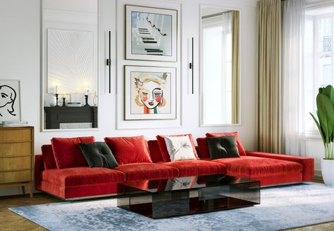 Beige Sofa Styling, Red And Green Living Room, Red Leather Couch Living Room, Red Couches, Dark Living Room Decor, Red Sofa Living, Red Leather Couches, Velvet Couch Living Room, Red Sofa Living Room