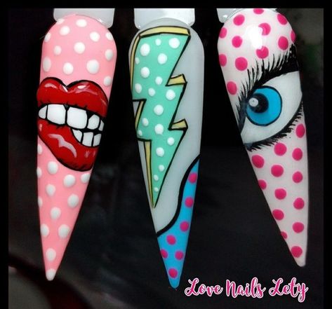 Art Pop Nails, Uñas Comic Pop, Pop Art En Uñas, Nail Pop Art, Uñas Pop Art, Pop Art Nail Art, Comics Nails, Pop Art Nails Designs, Pop Nail Art